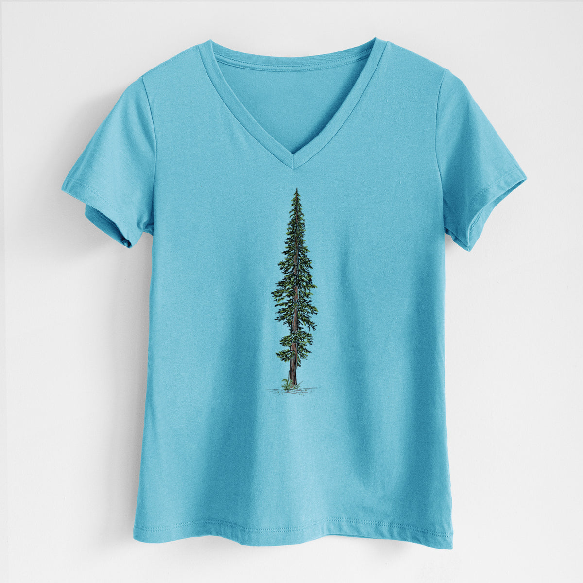 Turquoise women's relaxed fit cotton V-neck t-shirt laid flat, printed with a full-color illustration of a single tall coast redwood tree.