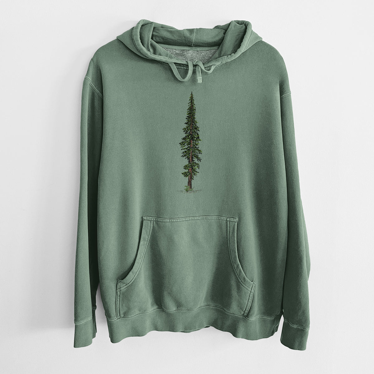 Alpine green pigment dyed hoodie laid flat, printed with a full-color illustration of a single tall coast redwood tree.