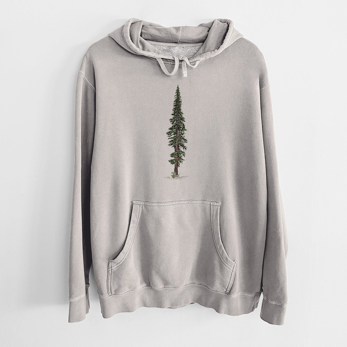 Cement grey pigment dyed hoodie laid flat, printed with a full-color illustration of a single tall coast redwood tree.