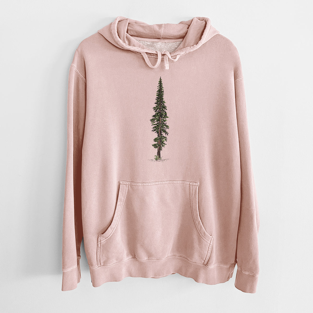 Dusty pink pigment dyed hoodie laid flat, printed with a full-color illustration of a single tall coast redwood tree.