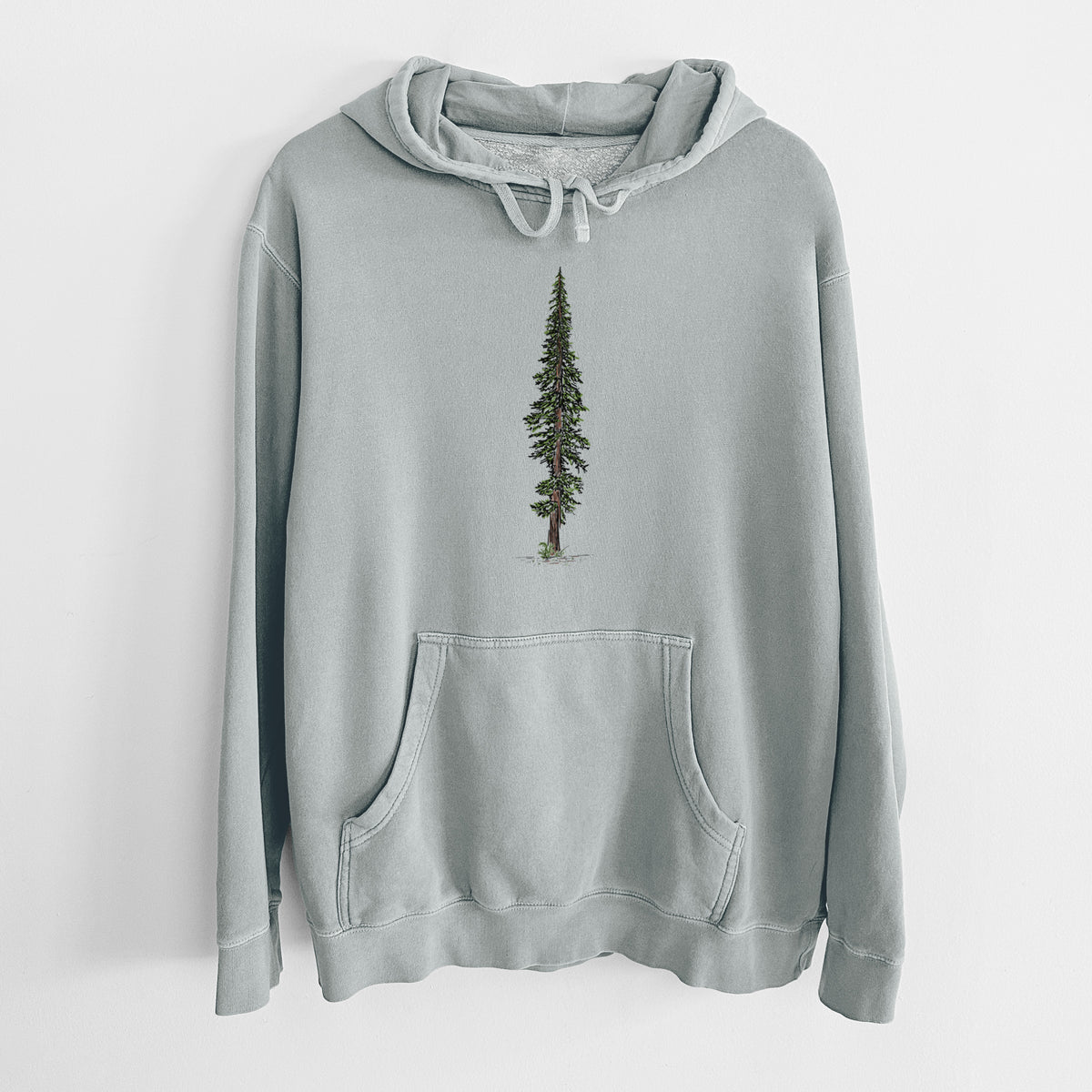 Sage green pigment dyed hoodie laid flat, printed with a full-color illustration of a single tall coast redwood tree.