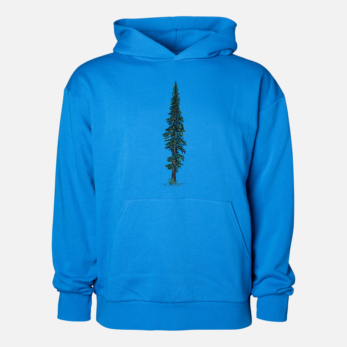 Lone Redwood - Statement Midweight Hoodie in Azure Blue, shown from the front with the design printed on the chest above a front kangaroo pocket.