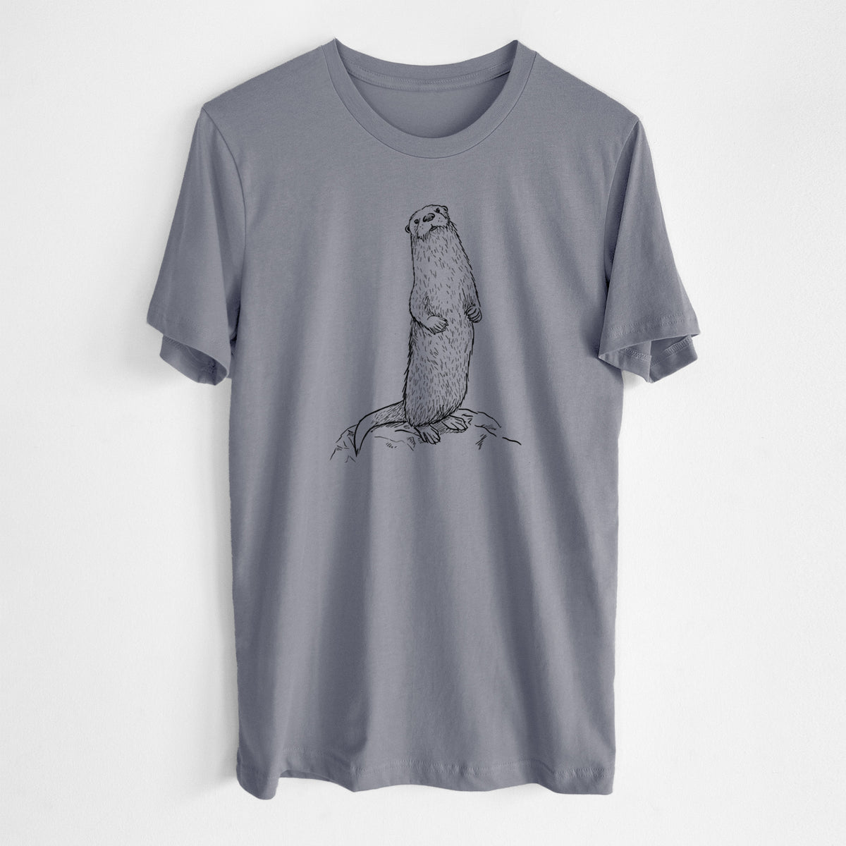 Storm grey lightweight cotton t-shirt laid flat, printed with a black ink illustration of a river otter standing upright on a rock.