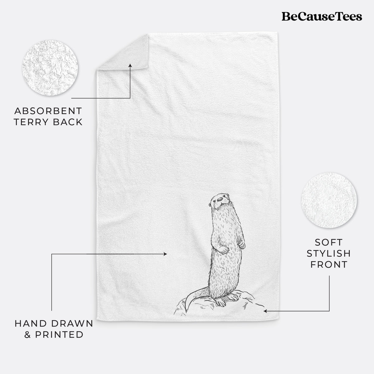 White hand towel printed with a black ink illustration of a river otter standing upright on a rock.
