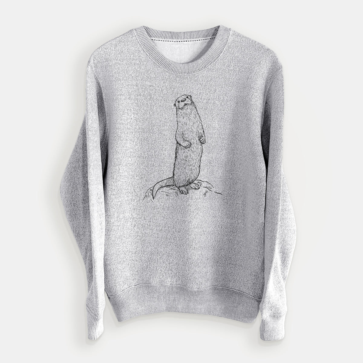 Salt and pepper knit sweatshirt laid flat, printed with a black ink illustration of a river otter standing upright on a rock.