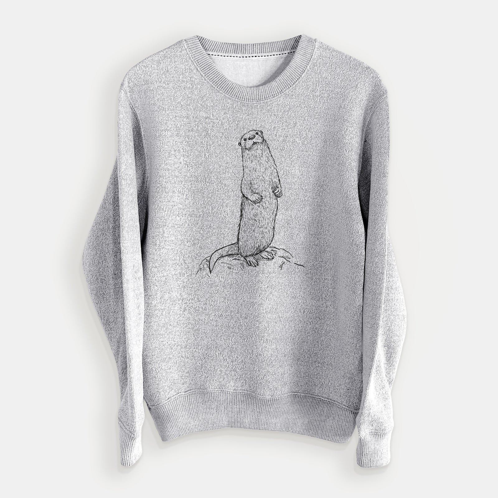 Salt and pepper knit sweatshirt laid flat, printed with a black ink illustration of a river otter standing upright on a rock.