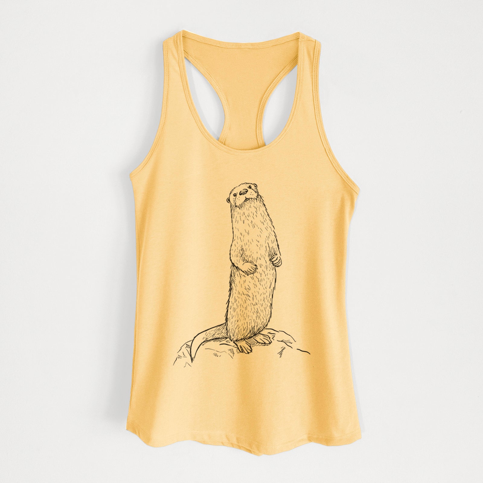 Banana cream women's racerback tank top laid flat, printed with a black ink illustration of a river otter standing upright on a rock.
