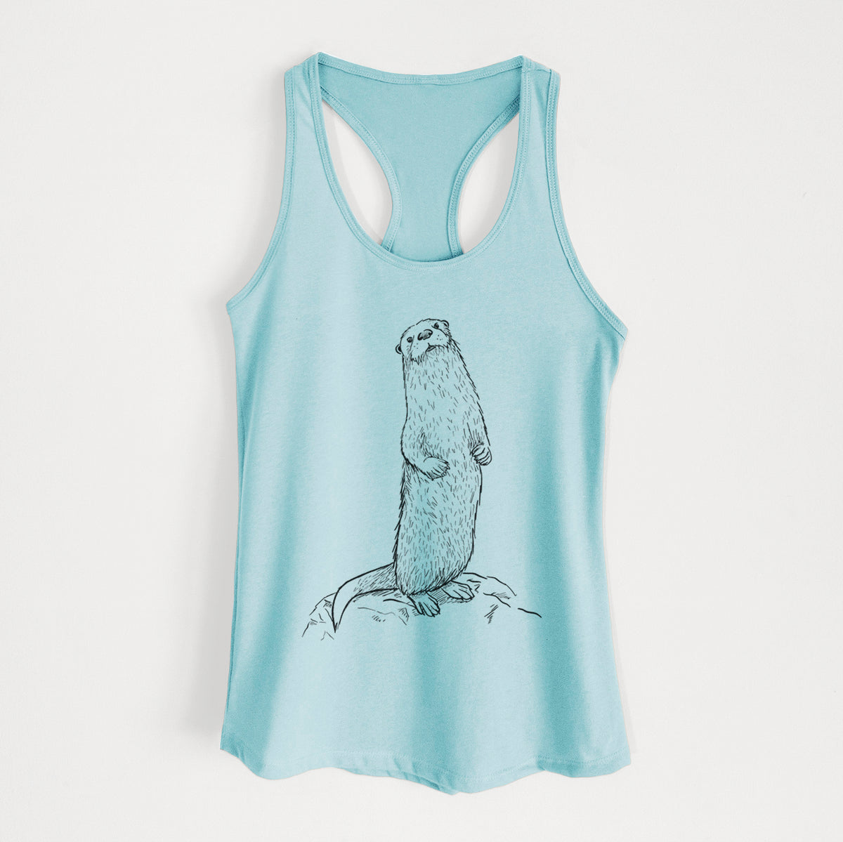 Cancun blue women's racerback tank top laid flat, printed with a black ink illustration of a river otter standing upright on a rock.