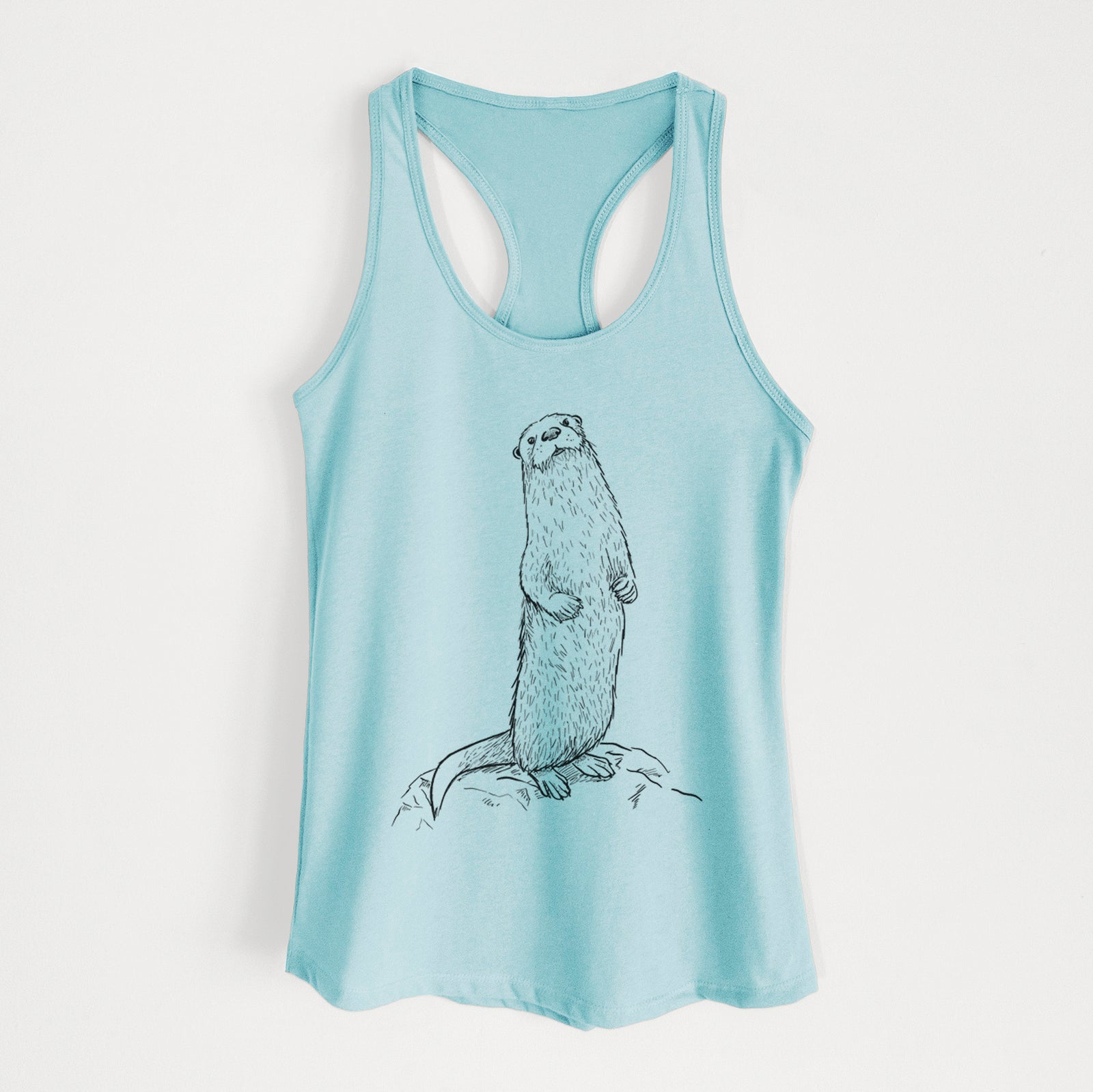 Banana cream women's racerback tank top laid flat, printed with a black ink illustration of a river otter standing upright on a rock.