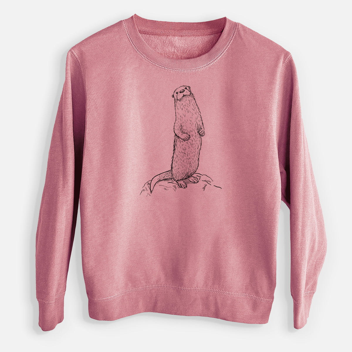 Mauve pink youth crewneck sweatshirt laid flat, printed with a black ink illustration of a river otter standing upright on a rock.