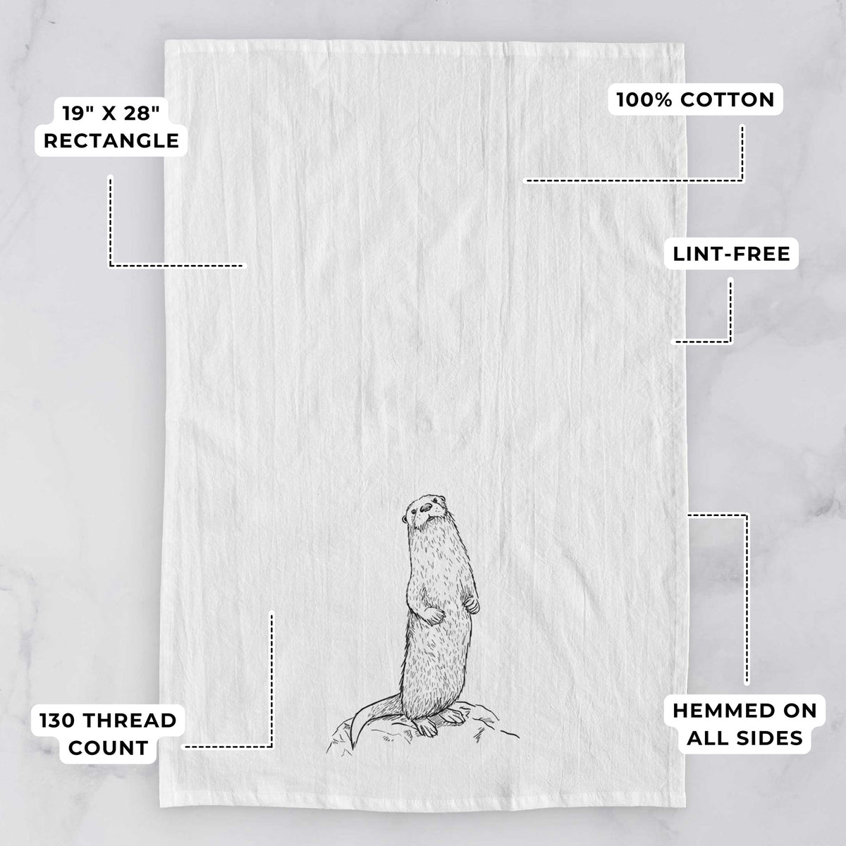 White tea towel printed with a black ink illustration of a river otter standing upright on a rock, with feature labels: 19 by 28 inch rectangle, 100% cotton, lint-free, 130 thread count, hemmed on all sides.