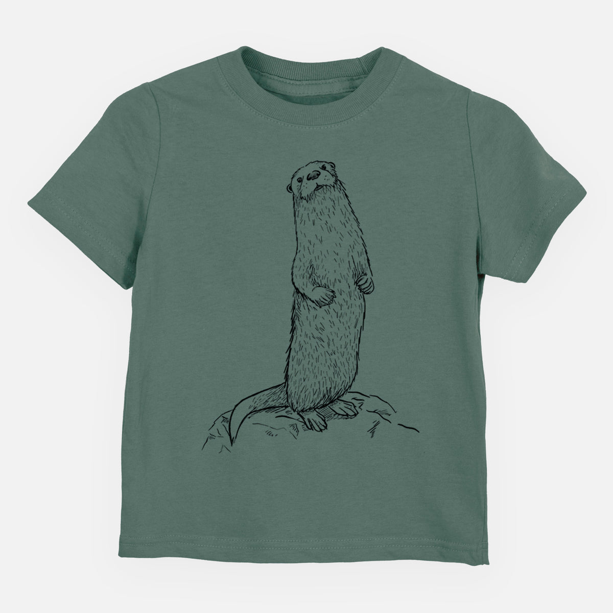 Basil green toddler t-shirt laid flat, printed with a black ink illustration of a river otter standing upright on a rock.