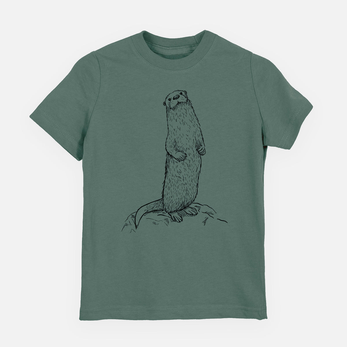 Basil green youth t-shirt laid flat, printed with a black ink illustration of a river otter standing upright on a rock.