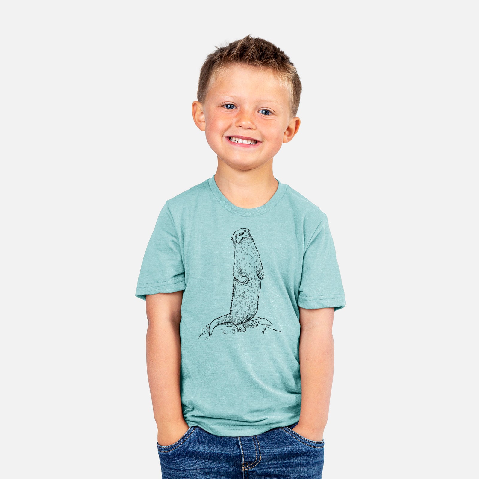 Two youth t-shirts in different colors on hangers, printed with a black ink illustration of a river otter standing upright on a rock.