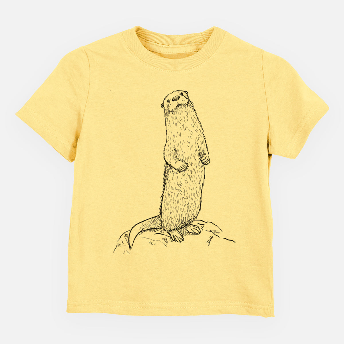 Butter yellow toddler t-shirt laid flat, printed with a black ink illustration of a river otter standing upright on a rock.