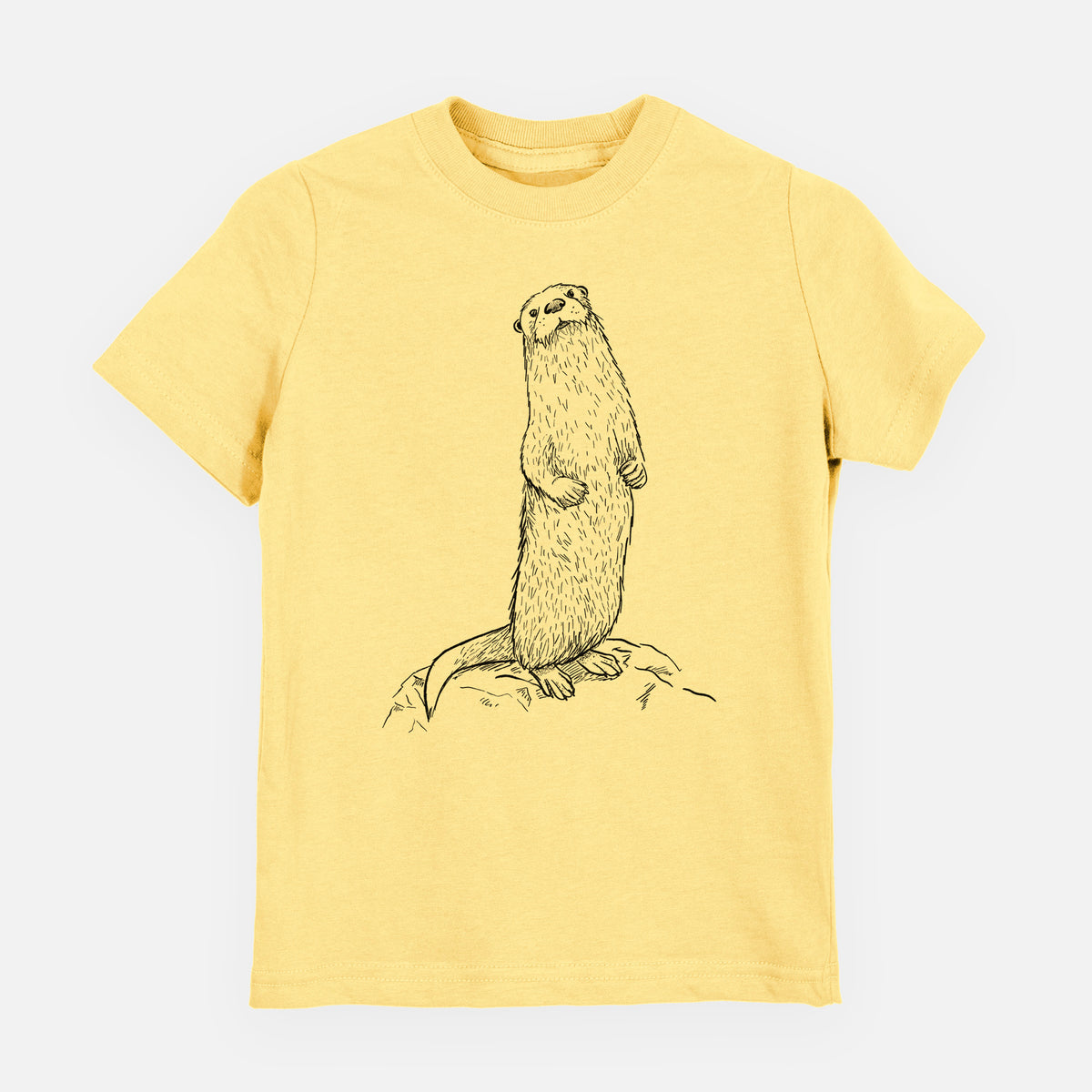 Butter yellow youth t-shirt laid flat, printed with a black ink illustration of a river otter standing upright on a rock.