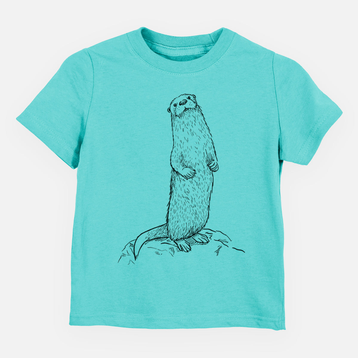 Caribbean blue toddler t-shirt laid flat, printed with a black ink illustration of a river otter standing upright on a rock.