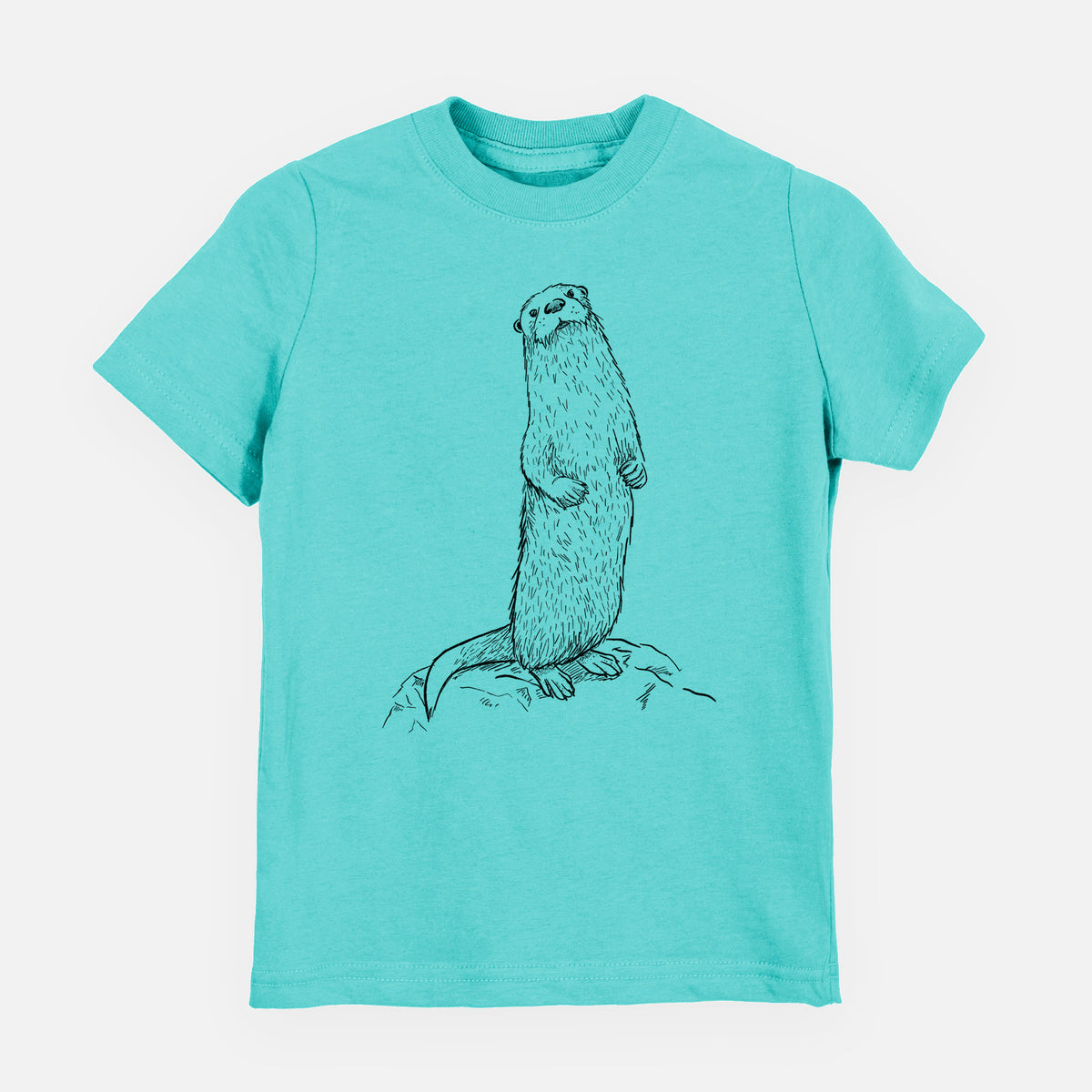 Caribbean blue youth t-shirt laid flat, printed with a black ink illustration of a river otter standing upright on a rock.