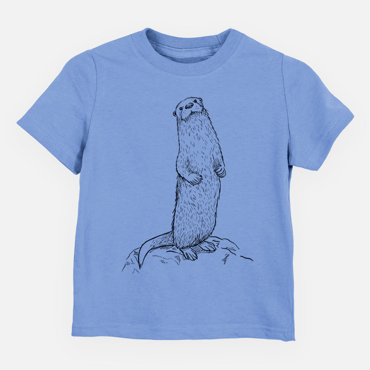 Carolina blue toddler t-shirt laid flat, printed with a black ink illustration of a river otter standing upright on a rock.