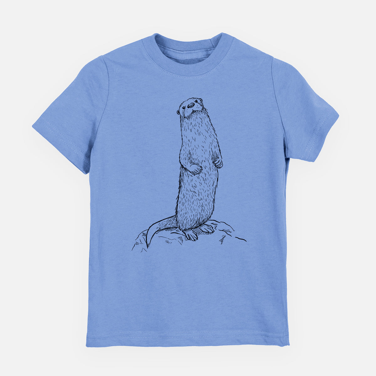 Carolina blue youth t-shirt laid flat, printed with a black ink illustration of a river otter standing upright on a rock.