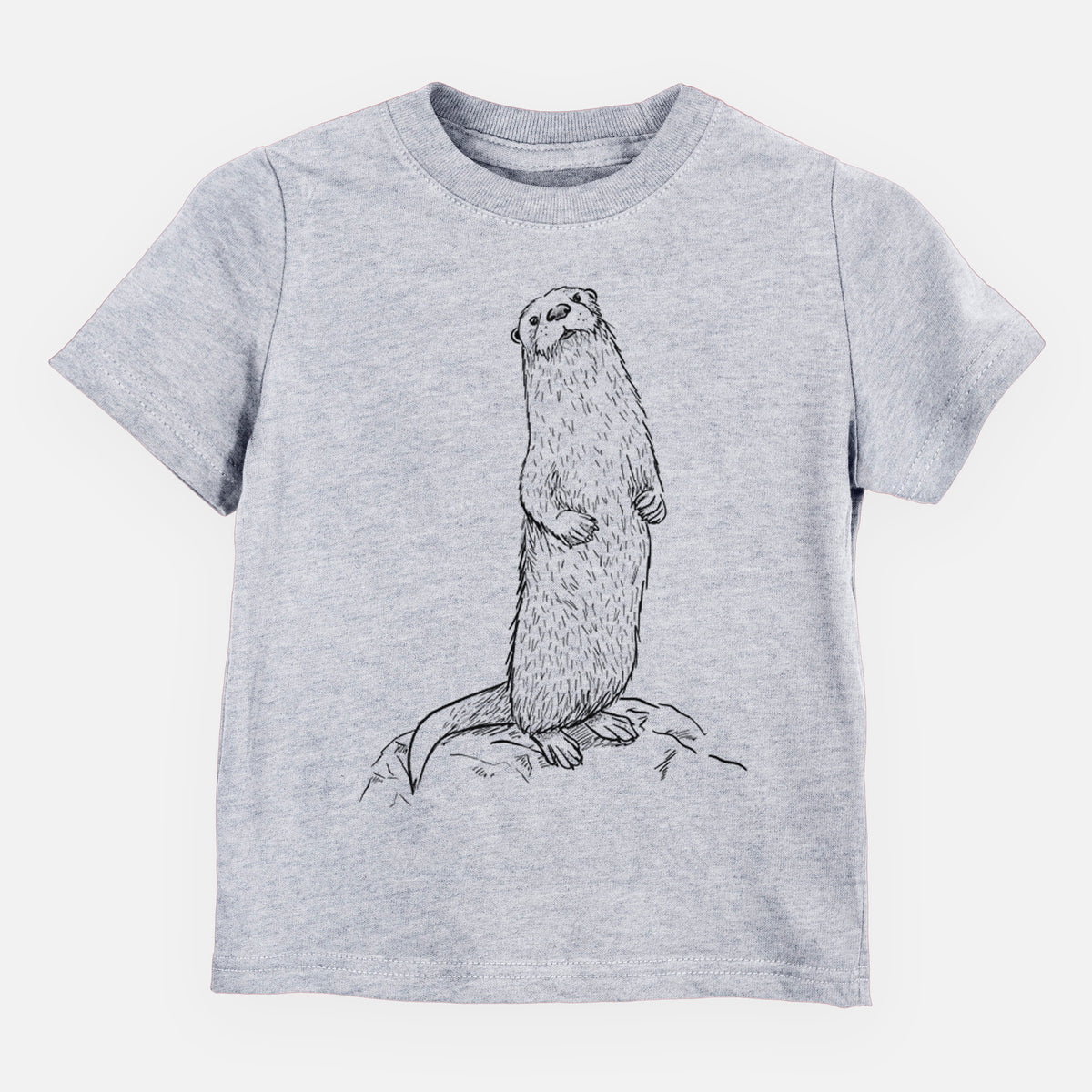 Heather grey toddler t-shirt laid flat, printed with a black ink illustration of a river otter standing upright on a rock.