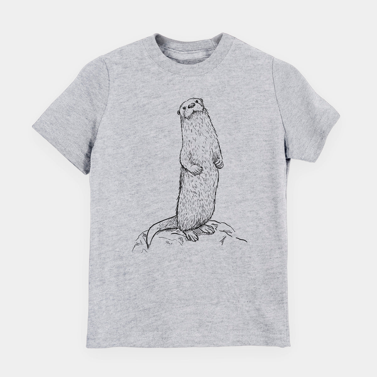 Heather grey youth t-shirt laid flat, printed with a black ink illustration of a river otter standing upright on a rock.