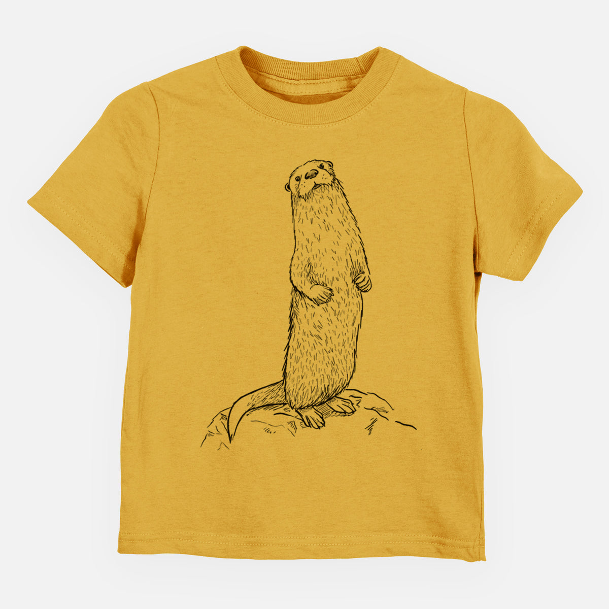 Honeycomb yellow toddler t-shirt laid flat, printed with a black ink illustration of a river otter standing upright on a rock.