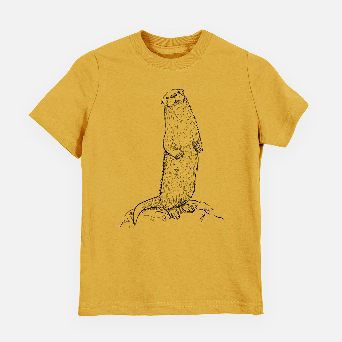 Honeycomb yellow youth t-shirt laid flat, printed with a black ink illustration of a river otter standing upright on a rock.
