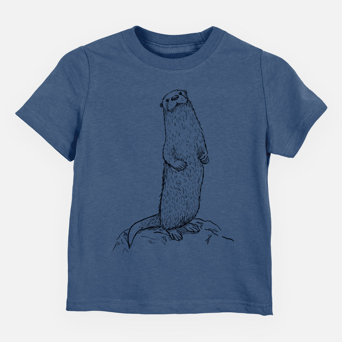 Indigo blue toddler t-shirt laid flat, printed with a black ink illustration of a river otter standing upright on a rock.