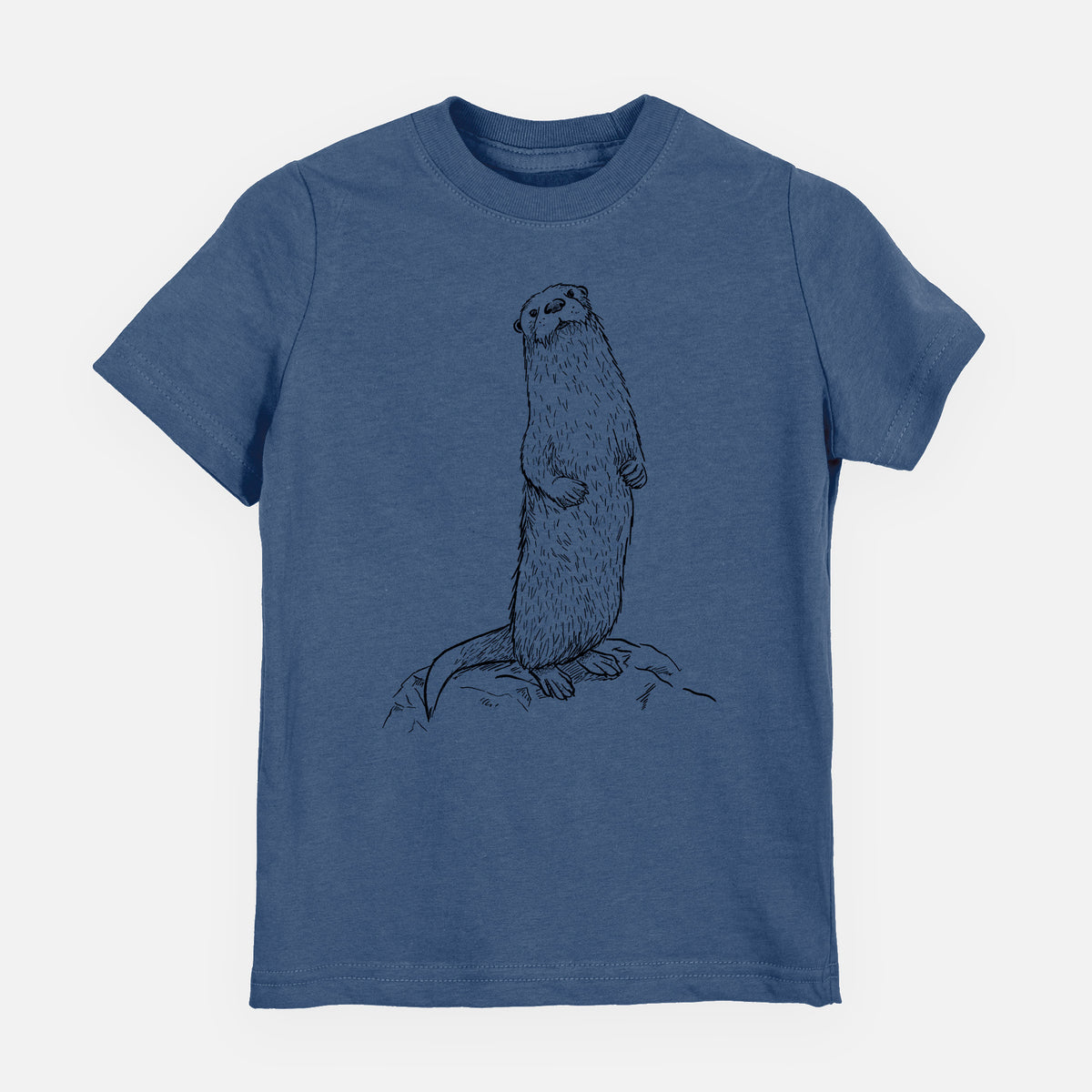 Indigo blue youth t-shirt laid flat, printed with a black ink illustration of a river otter standing upright on a rock.