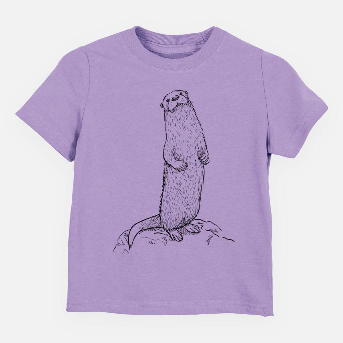 Lavender toddler t-shirt laid flat, printed with a black ink illustration of a river otter standing upright on a rock.