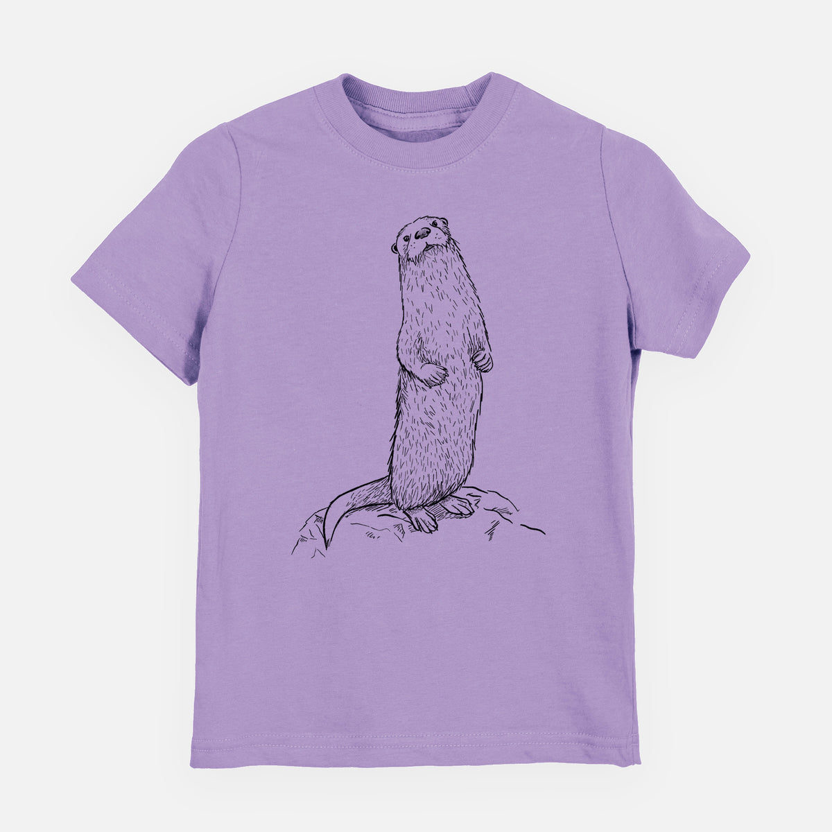 Lavender youth t-shirt laid flat, printed with a black ink illustration of a river otter standing upright on a rock.