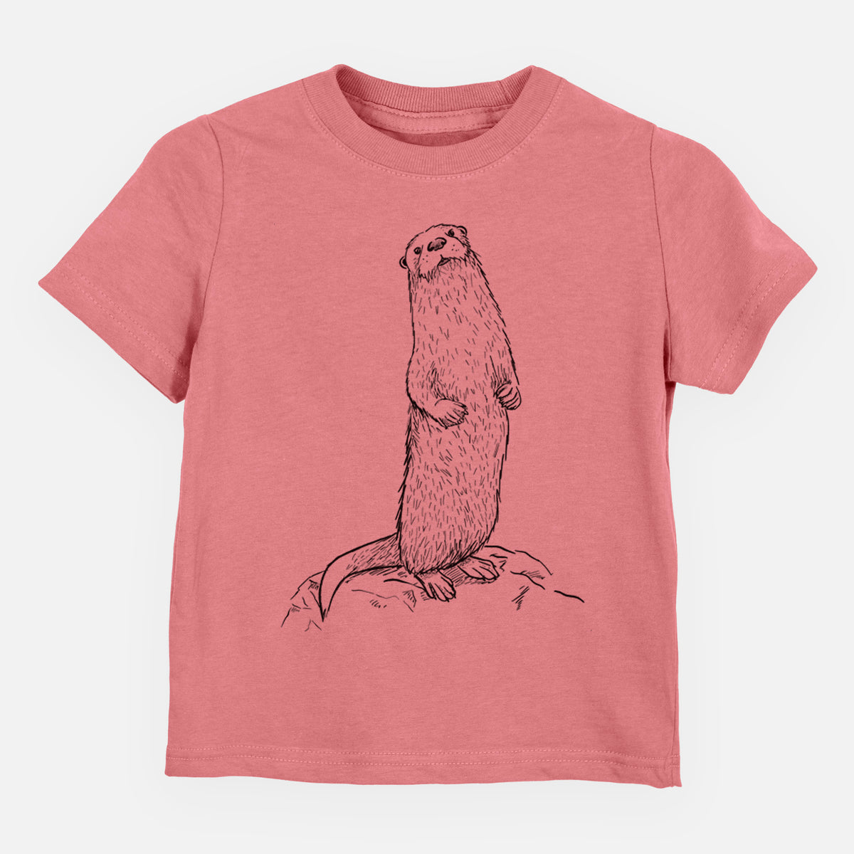 Mauve pink toddler t-shirt laid flat, printed with a black ink illustration of a river otter standing upright on a rock.