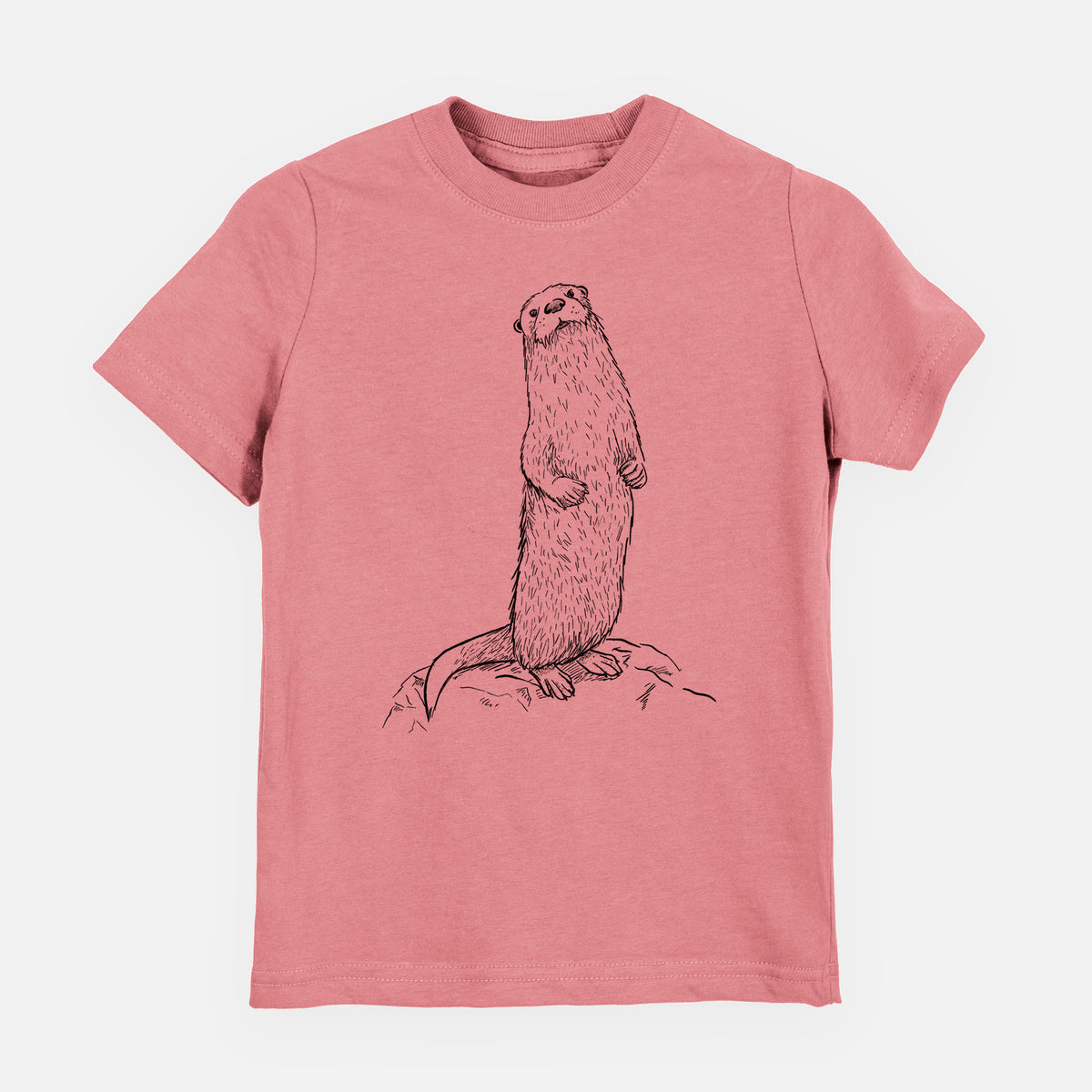 Mauve pink youth t-shirt laid flat, printed with a black ink illustration of a river otter standing upright on a rock.