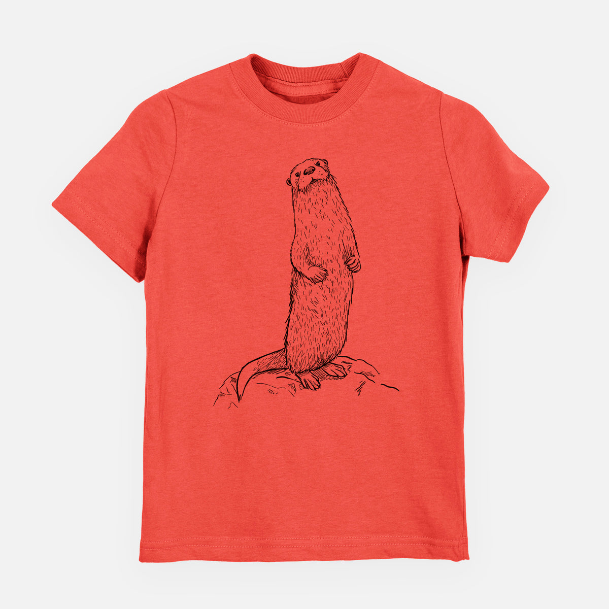 Passionfruit pink youth t-shirt laid flat, printed with a black ink illustration of a river otter standing upright on a rock.