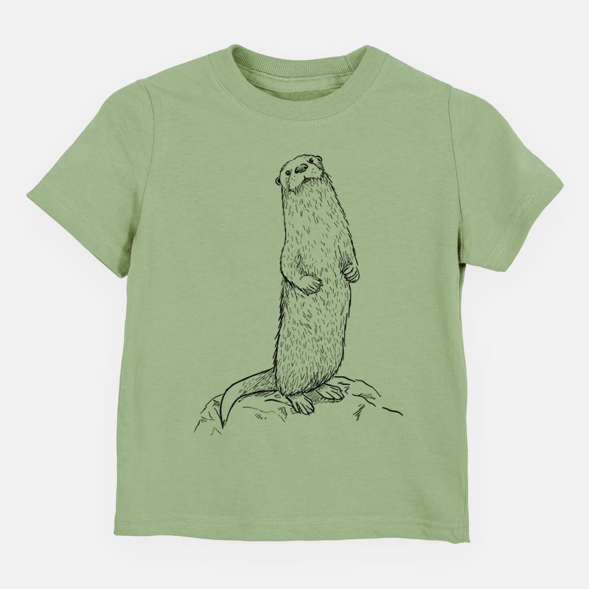 Sage green toddler t-shirt laid flat, printed with a black ink illustration of a river otter standing upright on a rock.