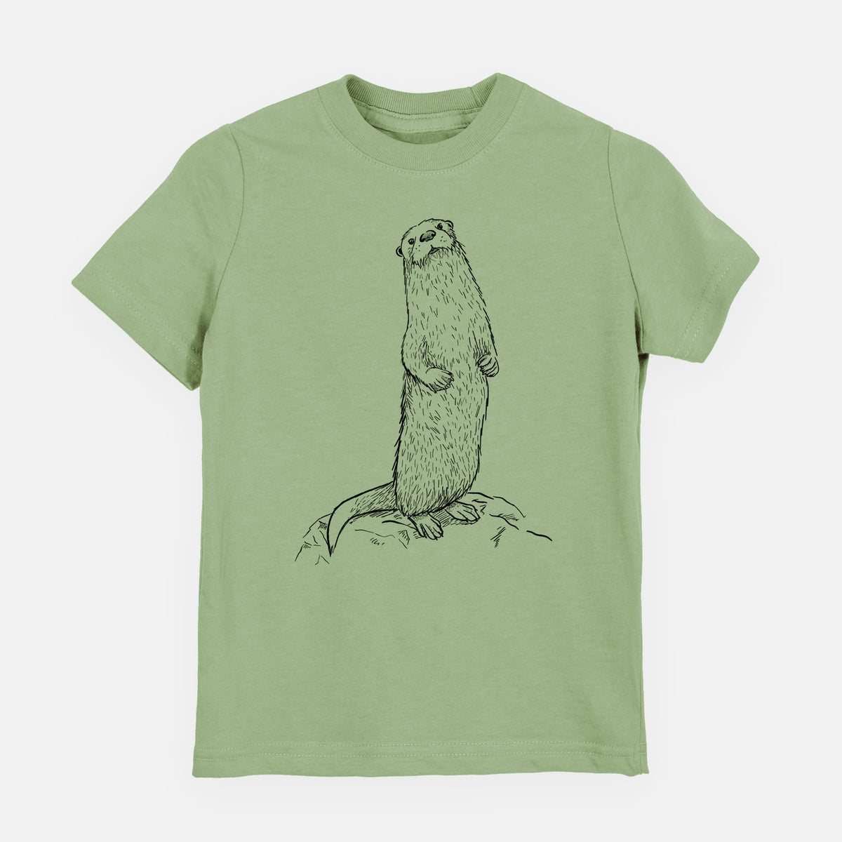 Sage green youth t-shirt laid flat, printed with a black ink illustration of a river otter standing upright on a rock.