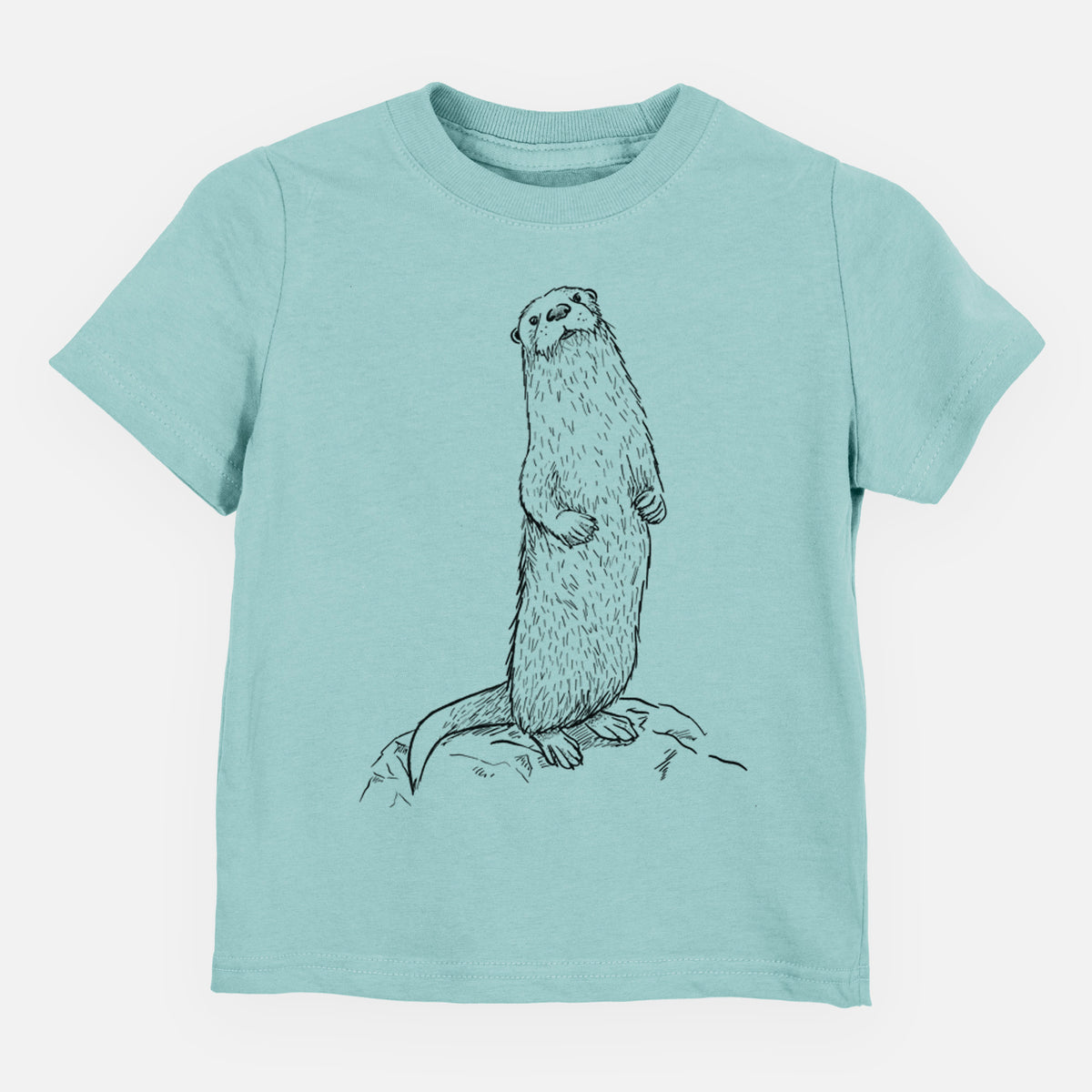 Saltwater toddler t-shirt laid flat, printed with a black ink illustration of a river otter standing upright on a rock.