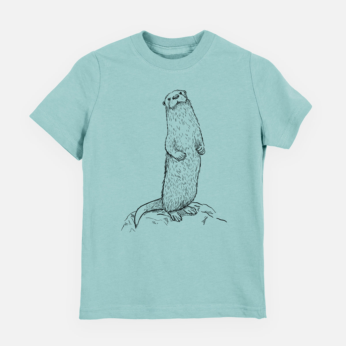 Saltwater youth t-shirt laid flat, printed with a black ink illustration of a river otter standing upright on a rock.