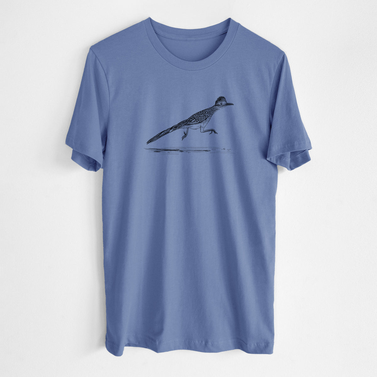 Blue bell lightweight cotton t-shirt laid flat, printed with a black ink illustration of a roadrunner running.