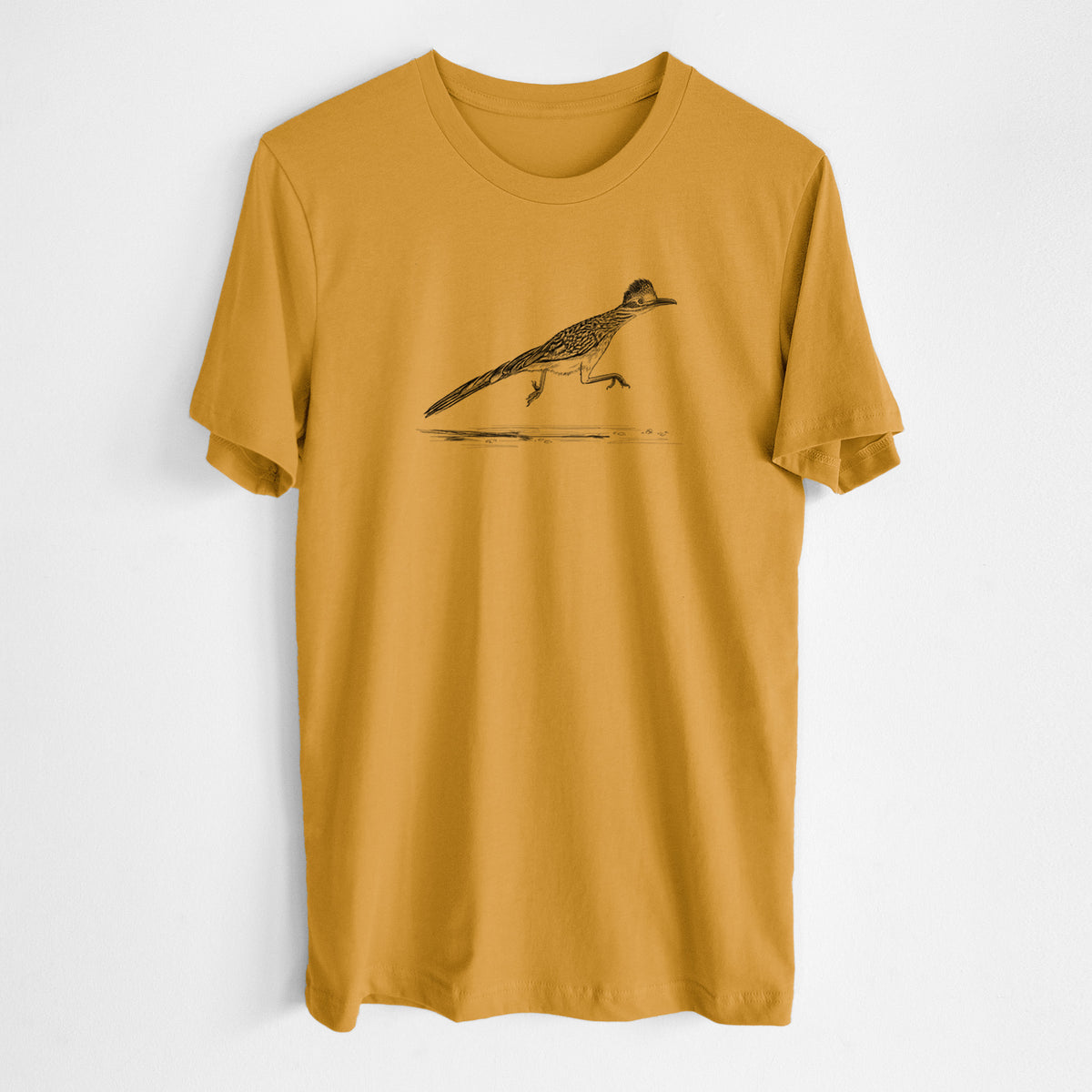 Honeycomb yellow lightweight cotton t-shirt laid flat, printed with a black ink illustration of a roadrunner running.