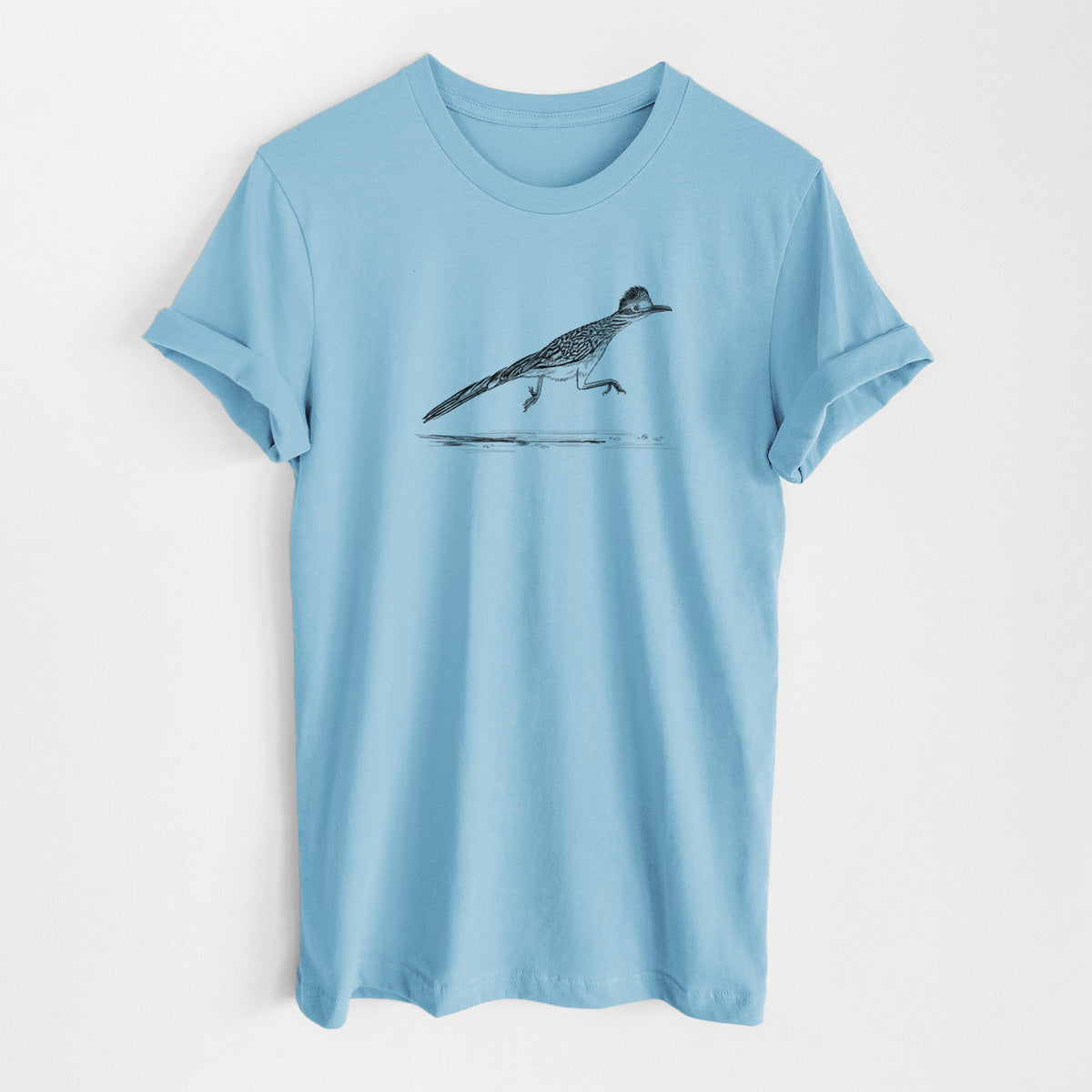 Ocean blue lightweight cotton t-shirt laid flat, printed with a black ink illustration of a roadrunner running.