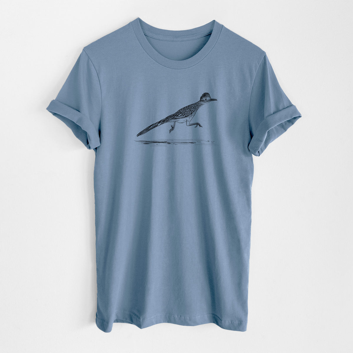 Steel blue lightweight cotton t-shirt laid flat, printed with a black ink illustration of a roadrunner running.