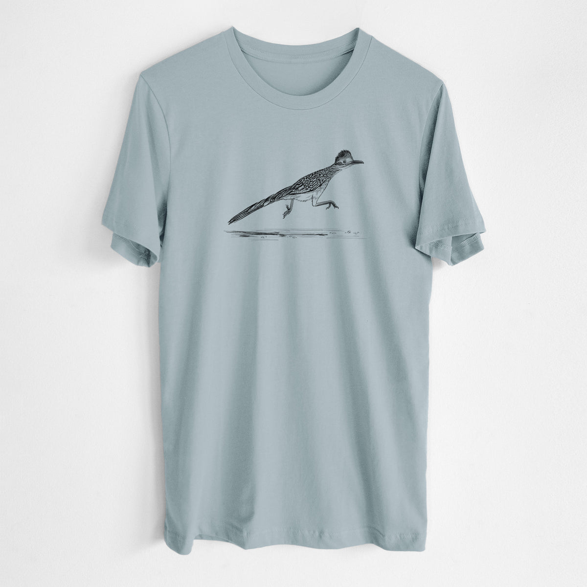 Vintage denim lightweight cotton t-shirt laid flat, printed with a black ink illustration of a roadrunner running.