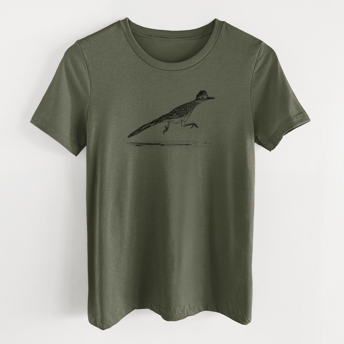 Military green women's relaxed fit cotton t-shirt laid flat, printed with a black ink illustration of a roadrunner running.