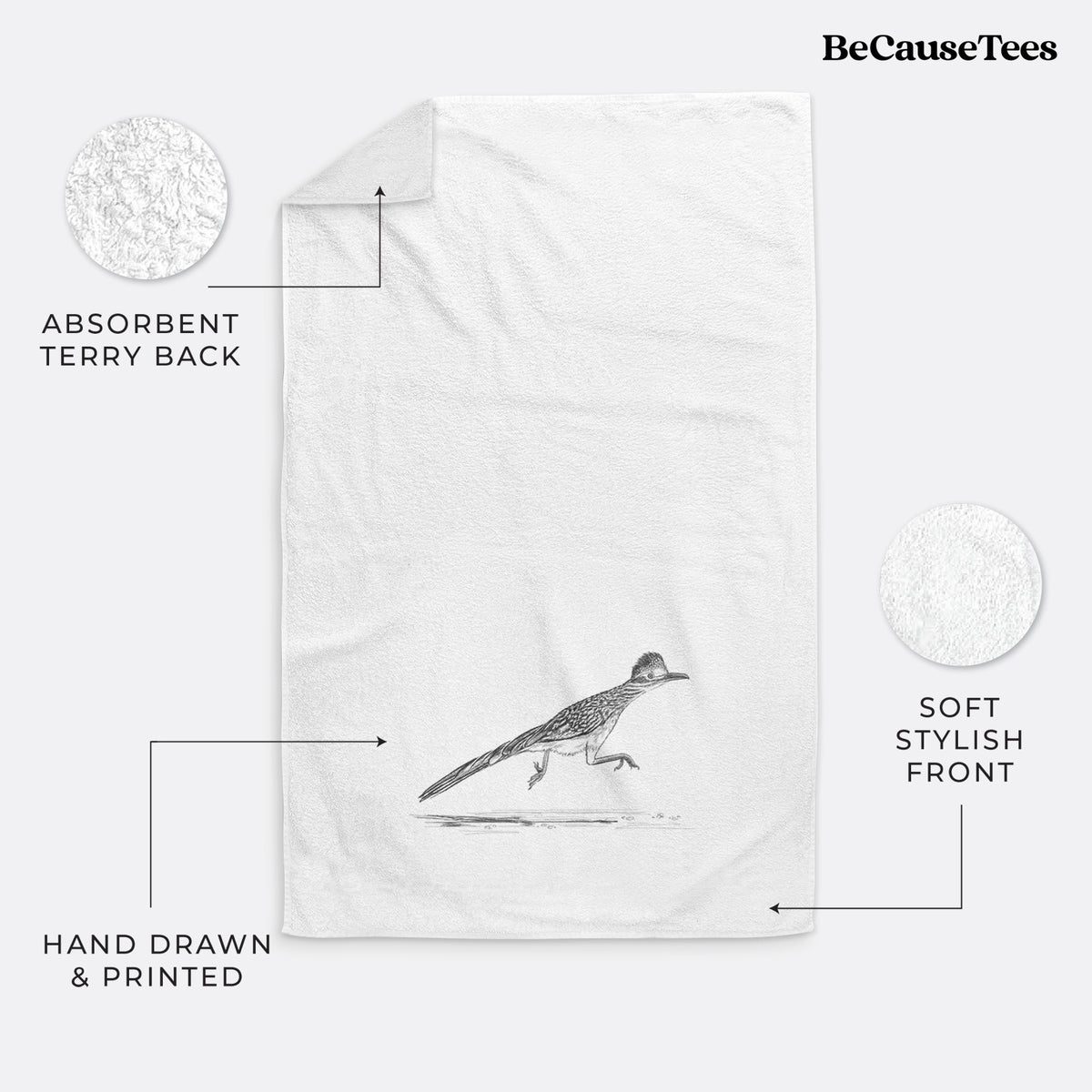 White hand towel printed with a black ink illustration of a roadrunner running.