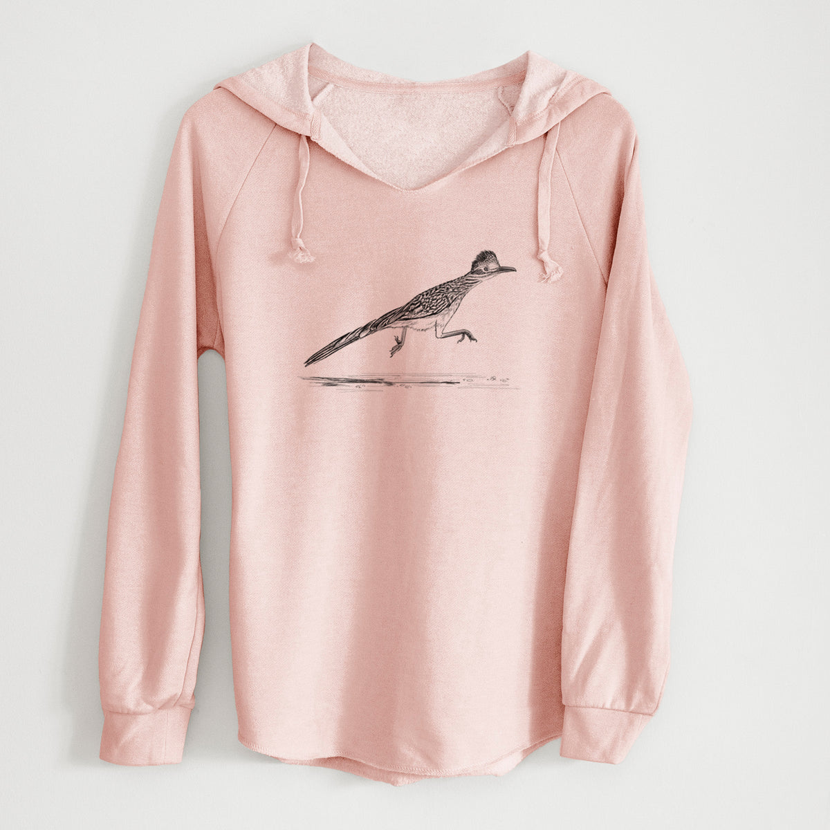Blush pink women's Cali Wave hooded sweatshirt laid flat, printed with a black ink illustration of a roadrunner running.