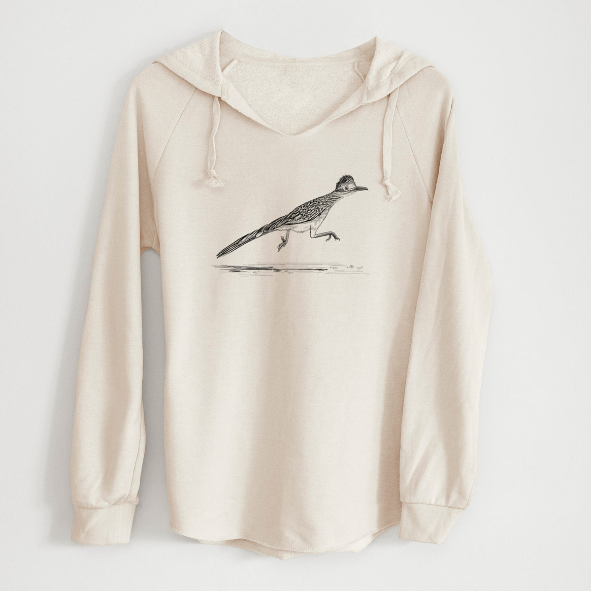 Bone cream women's Cali Wave hooded sweatshirt laid flat, printed with a black ink illustration of a roadrunner running.