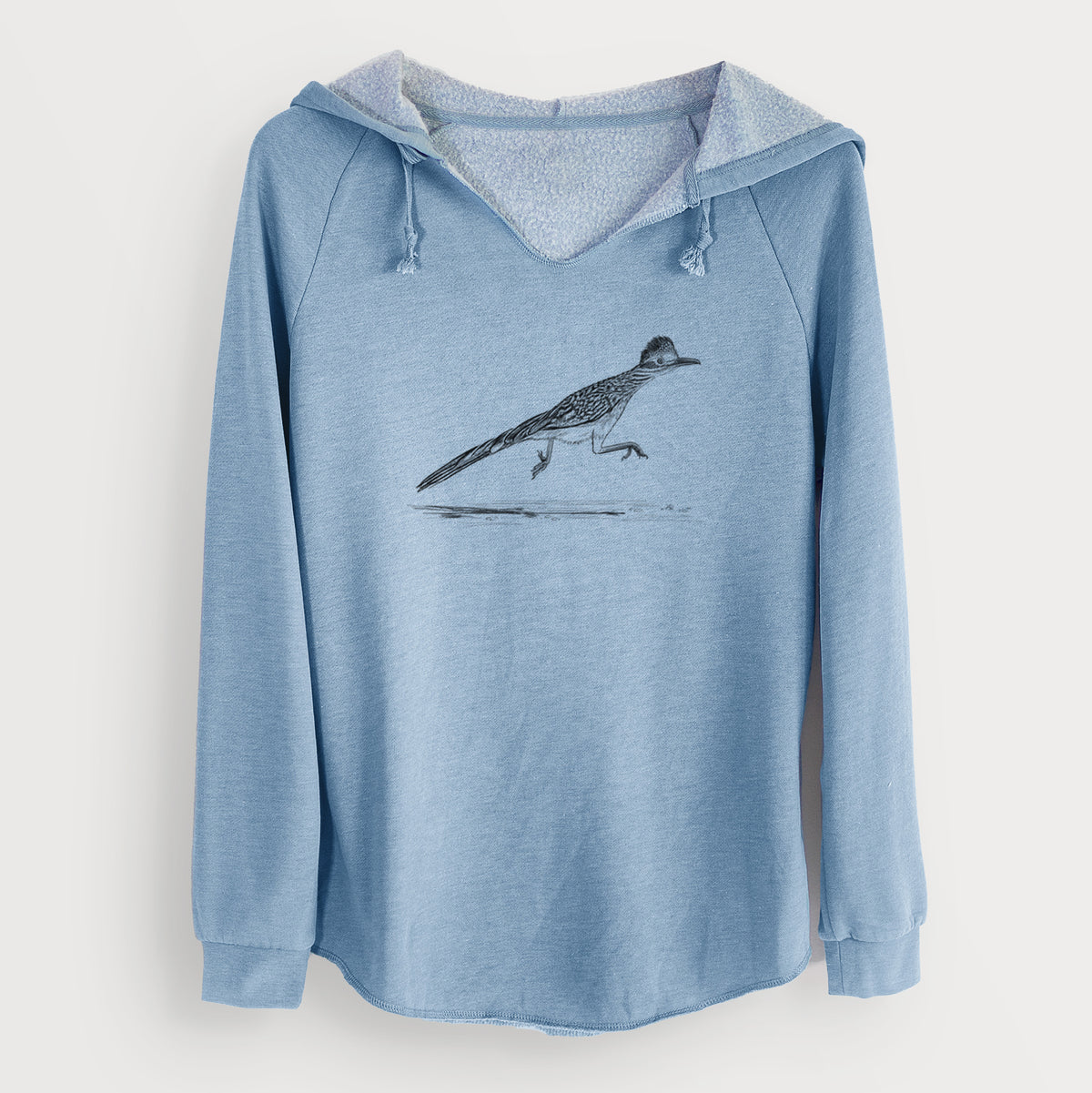 Misty blue women's Cali Wave hooded sweatshirt laid flat, printed with a black ink illustration of a roadrunner running.