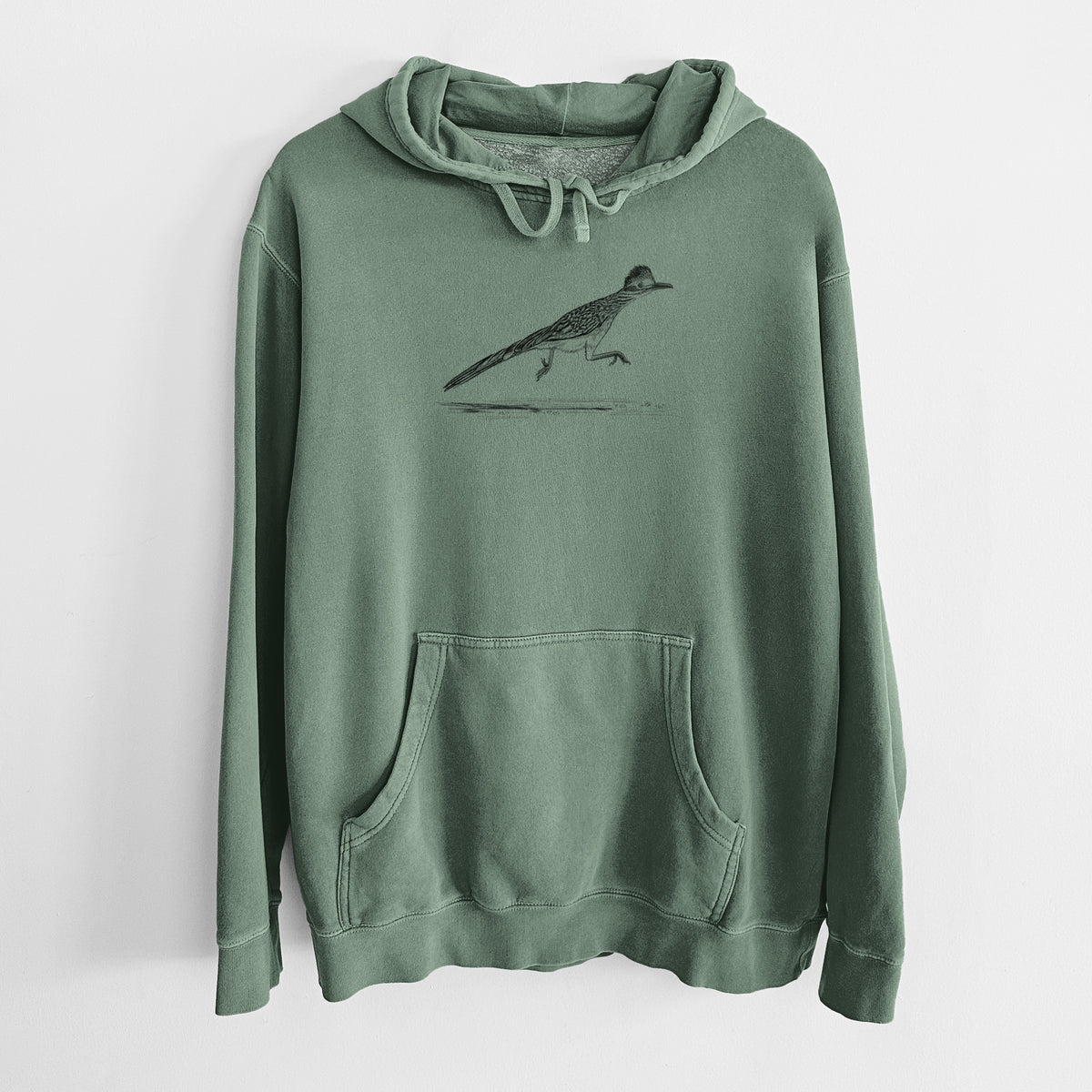 Alpine green pigment dyed hoodie laid flat, printed with a black ink illustration of a roadrunner running.